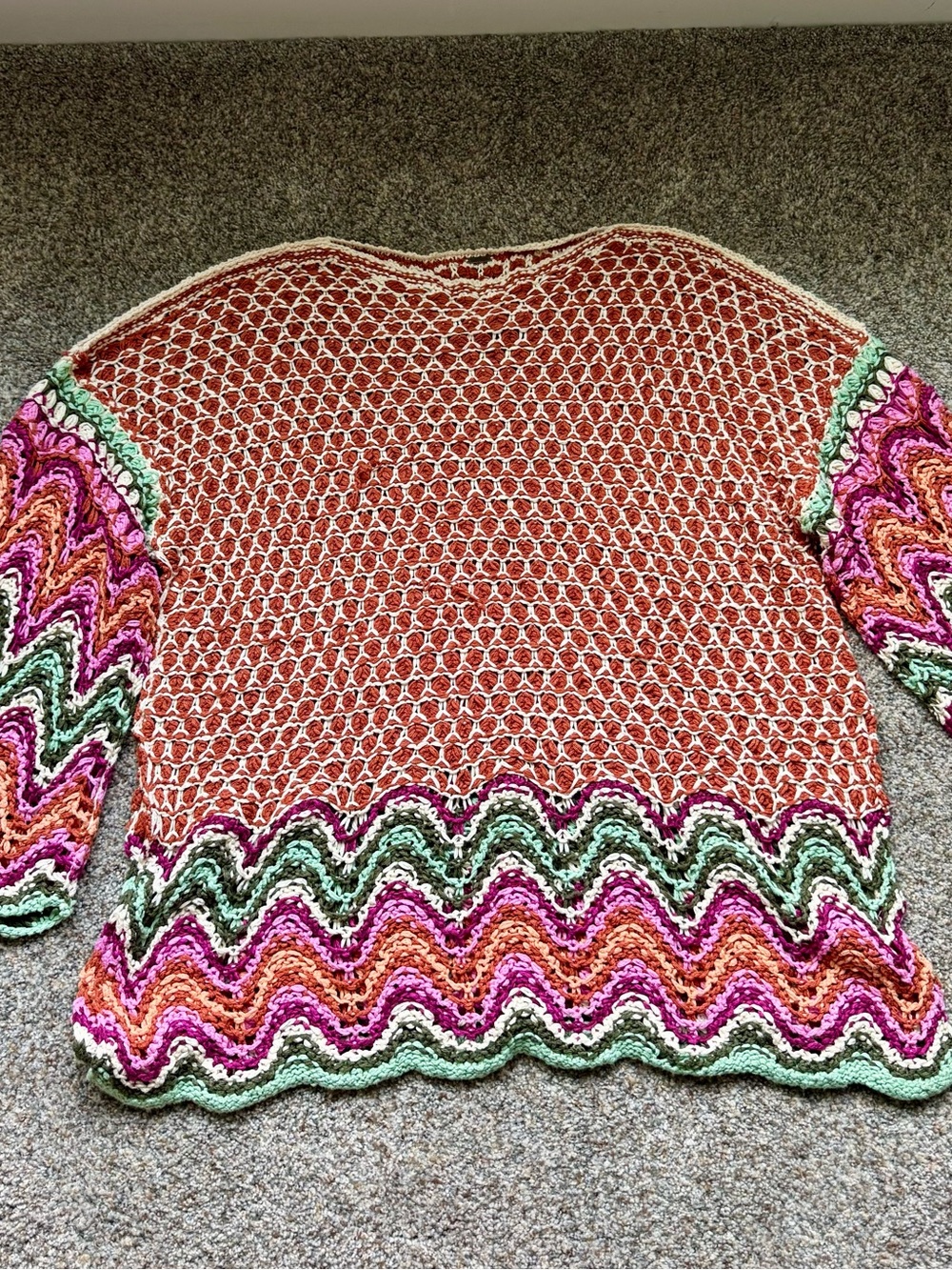 Free People Coral Crochet Crewneck Sweater with Multicolor Zigzag Trim